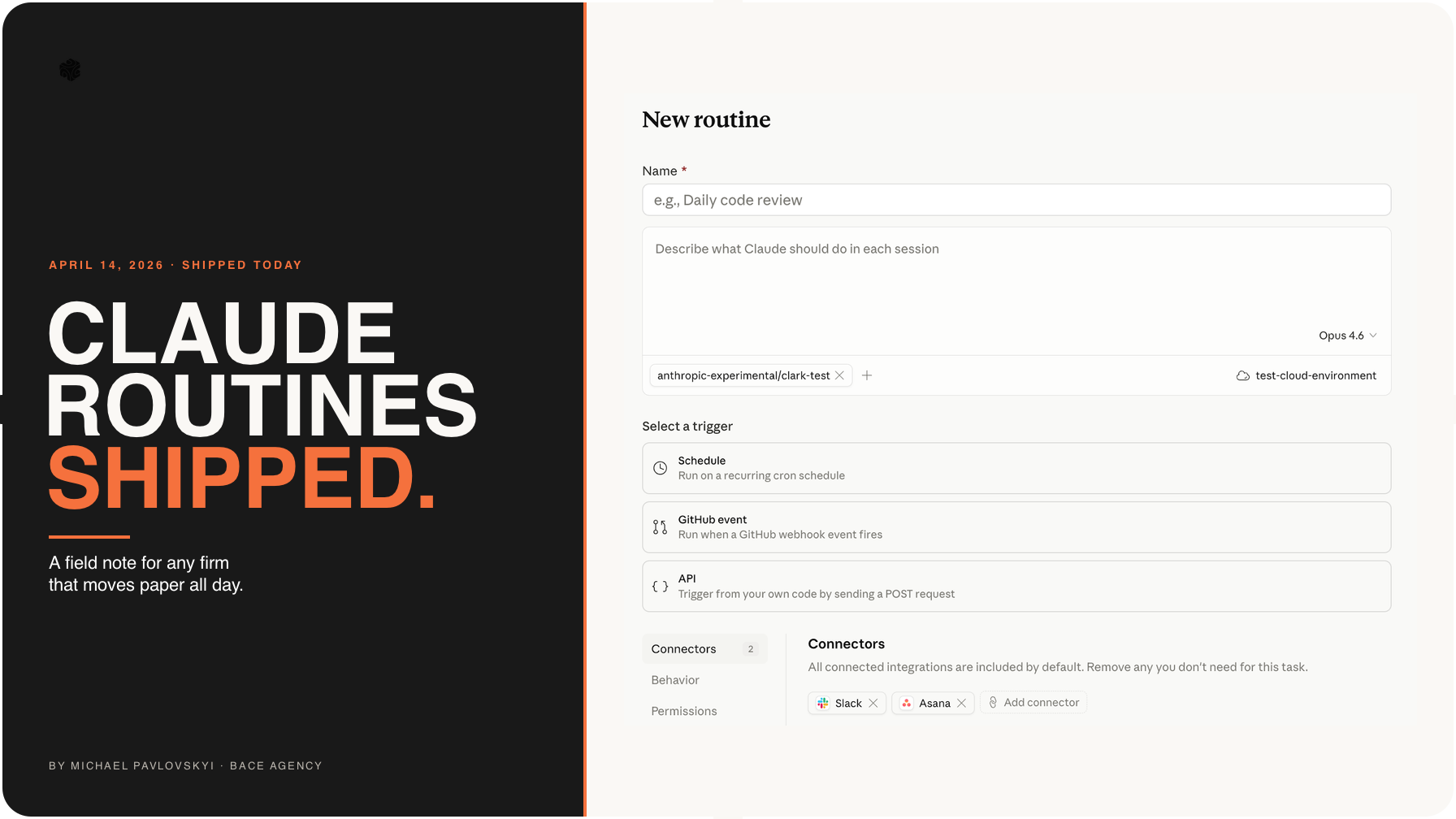 Hero: Anthropic's 'New routine' form in Claude Code, alongside a headline announcing Claude Routines shipped on April 14, 2026