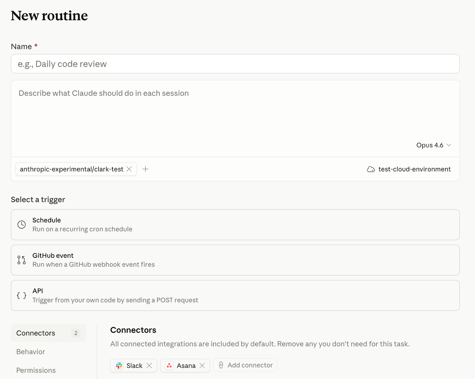 Screenshot of Anthropic's 'New routine' form in Claude Code showing the three trigger options: Schedule, GitHub event, and API
