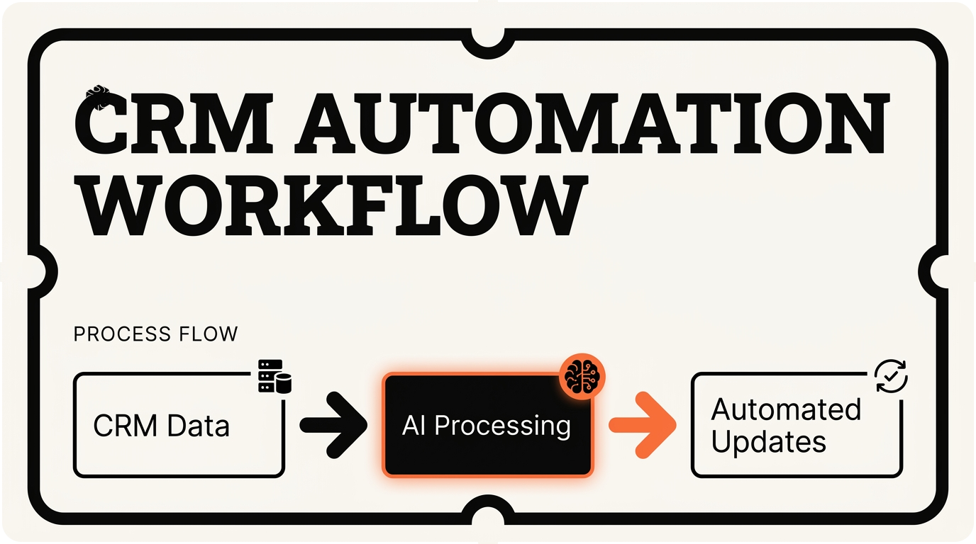 CRM automation workflow diagram showing data flow from CRM to AI to automated updates