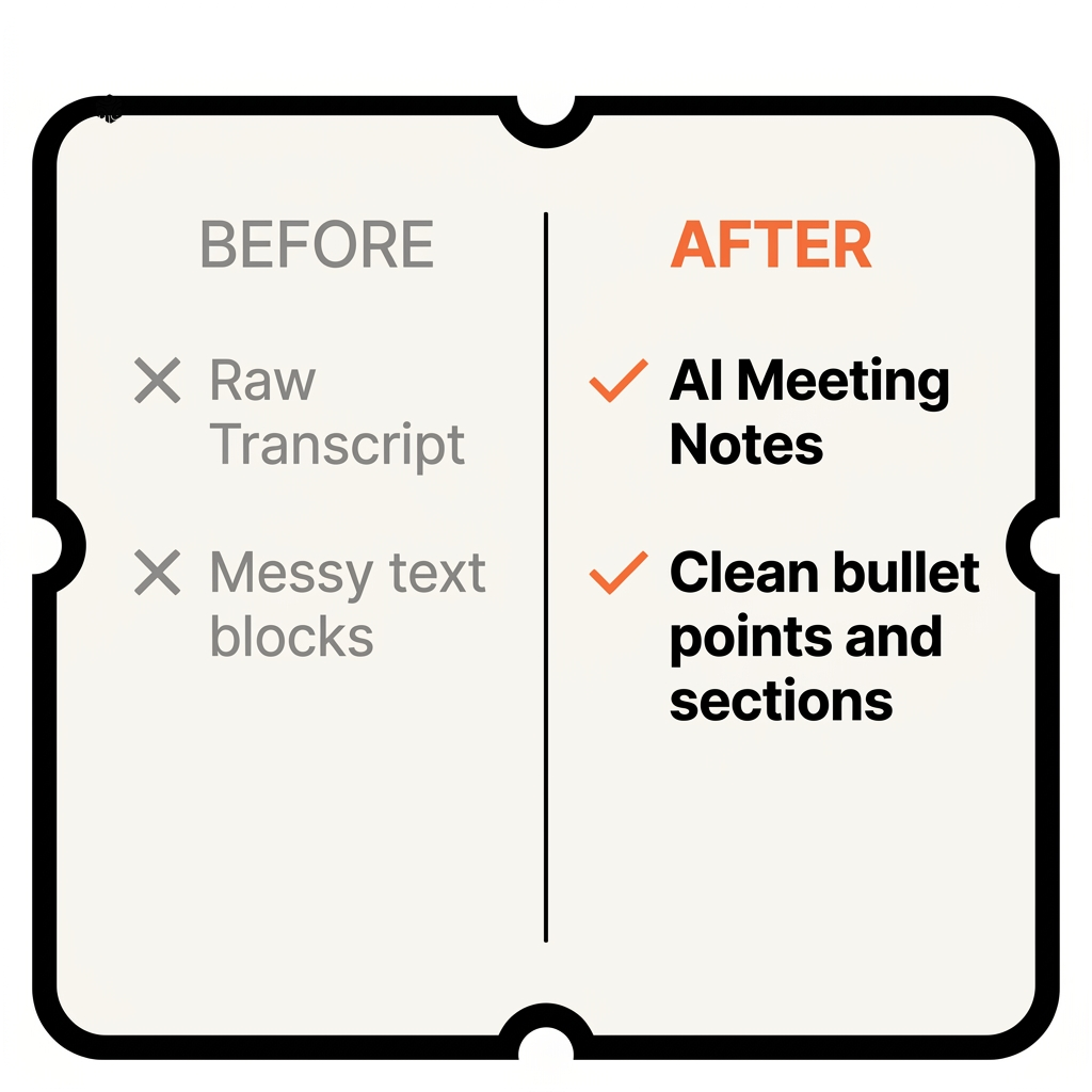 Before and after comparison showing messy transcript versus clean meeting notes