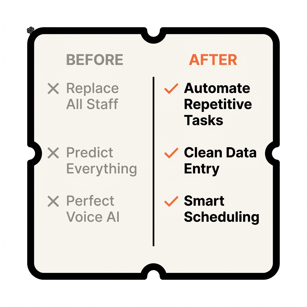 Before and after comparison showing AI hype versus practical applications