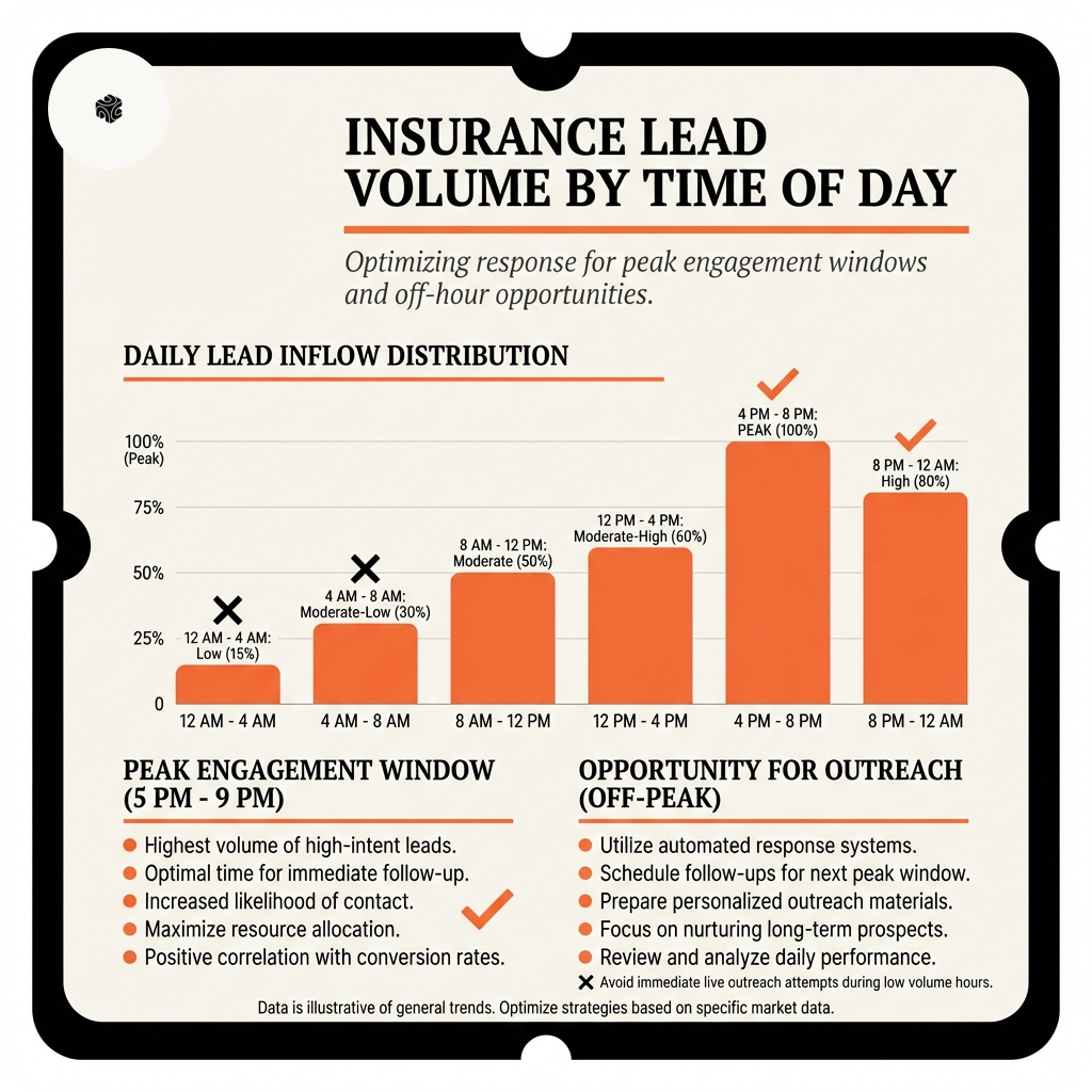 Graph showing insurance lead volume by time of day with peak activity after 5 PM