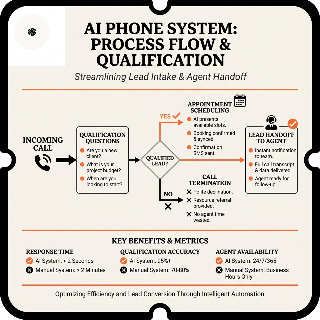 Flowchart showing AI phone system qualifying insurance leads and scheduling appointments