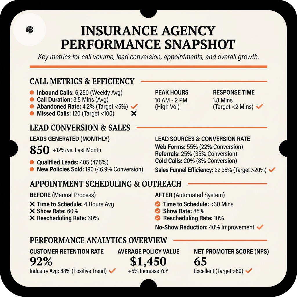 Dashboard showing AI phone system performance metrics for insurance agency