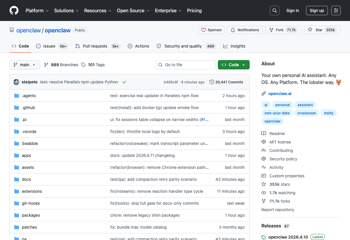 OpenClaw GitHub repository showing 355K stars and 71.7K forks