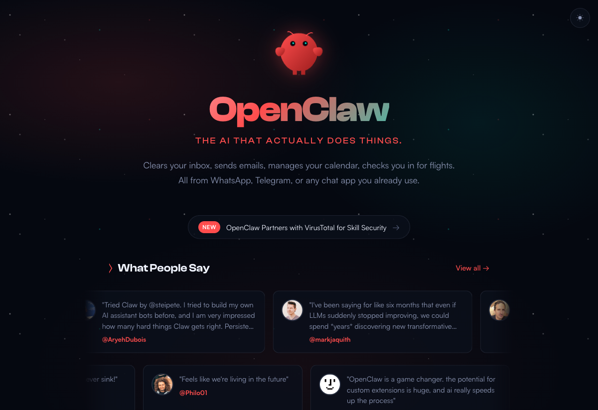 OpenClaw AI assistant homepage — The AI That Actually Does Things